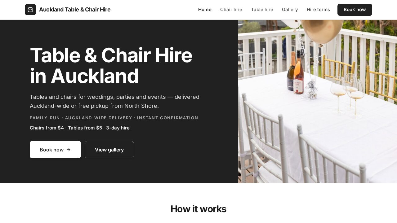 Auckland Table & Chair Hire homepage showing the hire hero, pricing and booking buttons